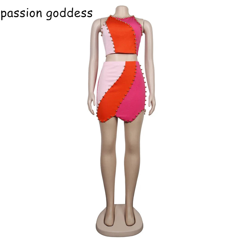 Maxy Summer Two Piece Dress Set for Women Sexy Rivet Sleeveless Tank Top and Bodycon Ruffles Edge Mini Skirts Outfits Streetwear Suit