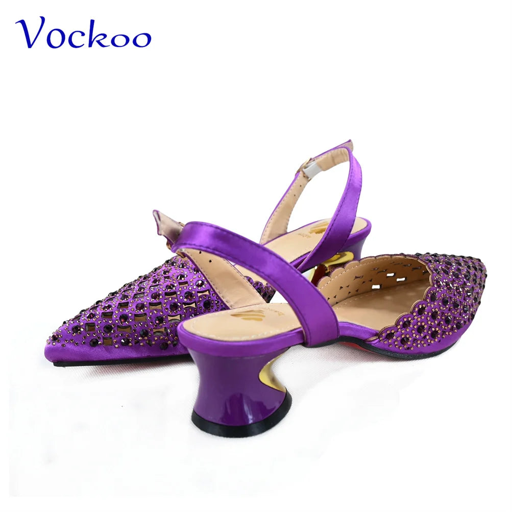 Maxy Fashion Purple Color Magazine Hollow Design Noble and Elegant Women's Low Heeled Shoes Paired with Evening Bags.