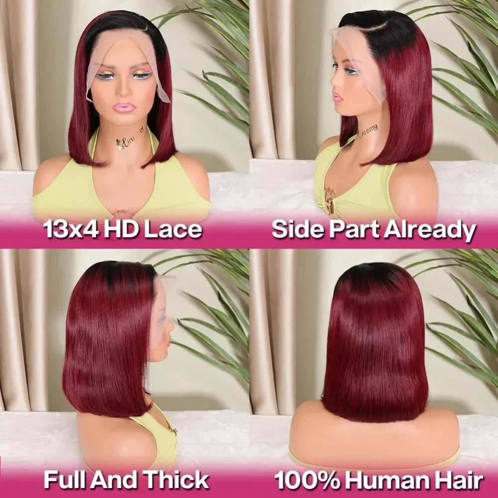 Maxy Ombre Burgundy Human Hair 13x4 HD Lace Frontal Wigs Glueless Short Straight Bob Wigs T1B/99J For Black Women Pre Plucked 12 Inch