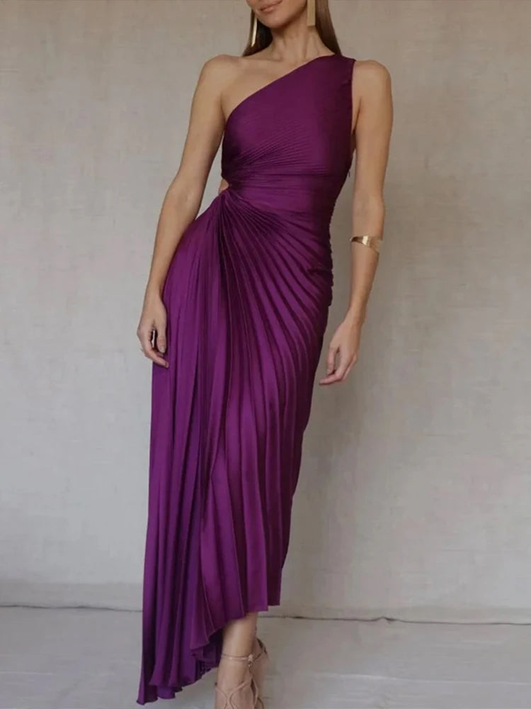 Maxy Purple Gowns For Women Elegant Off Shoulder Rushed Asymmetric Formal Celebrity Maxi Dress Evening Pageant Charming Clothing