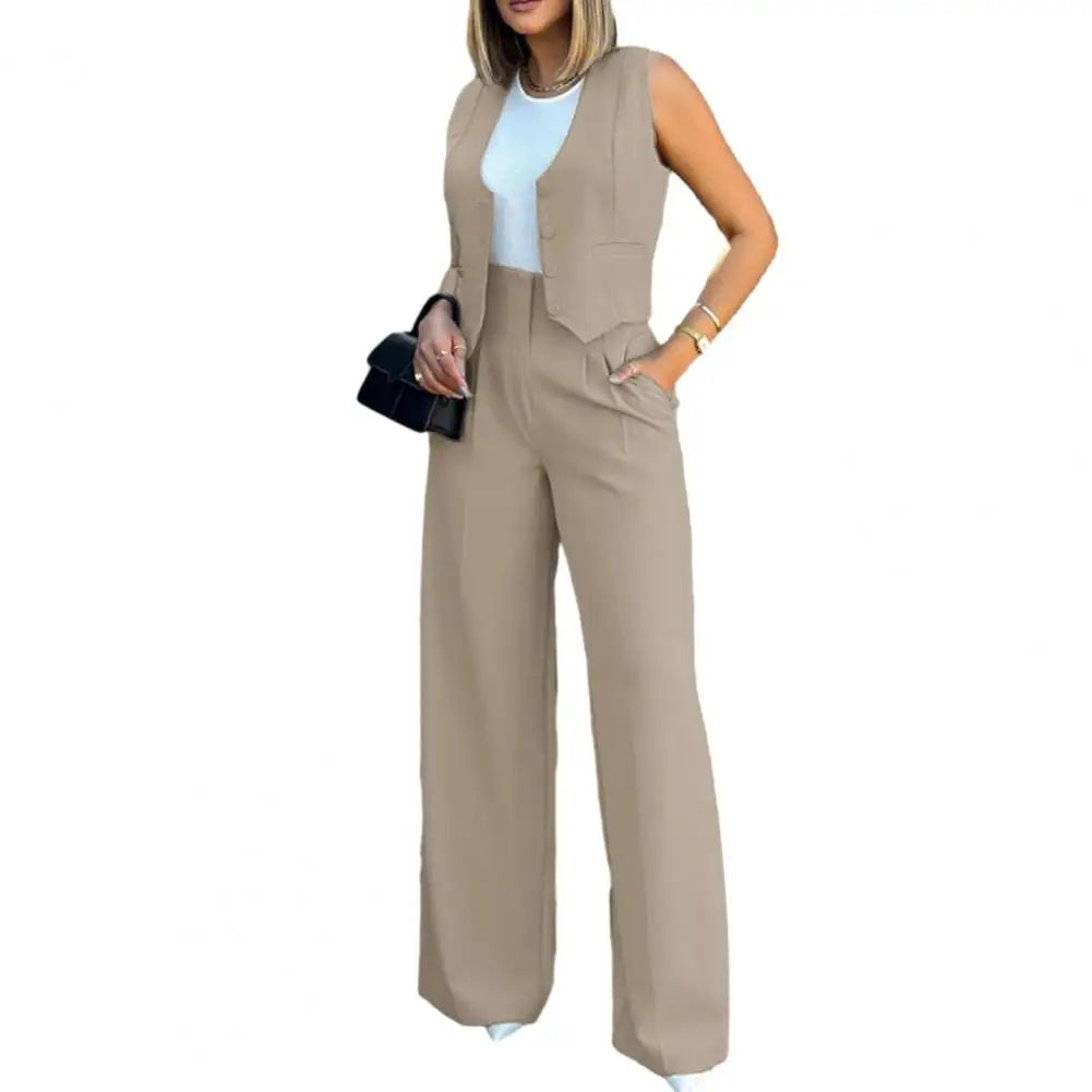 Zay Women Vest Elegant Lady Baggy Pants Set Women's High Waist Wide Leg Pants with Sleeveless Vest Solid Color Casual Streetwear