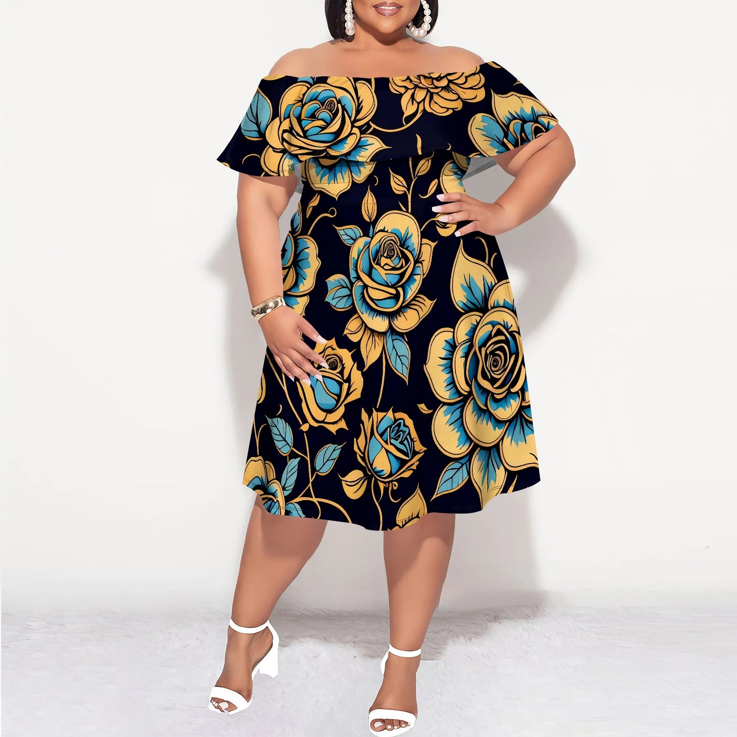 Maxy Plus Size Off Shoulder Short Sleeve Midi Dress Floral Rose Print Navy Blue Elegant Summer Party Casual Dress