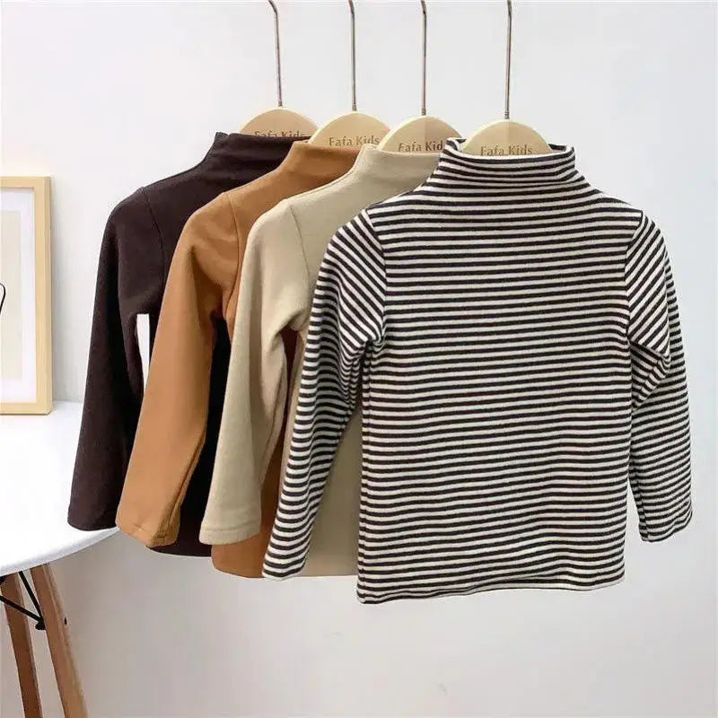 Maxy Autumn Winter Boy Girl Baby Solid Long Sleeve Bottoming Shirt Children Turtleneck Casual Tshirt Kid Striped Tops Toddler Clothes