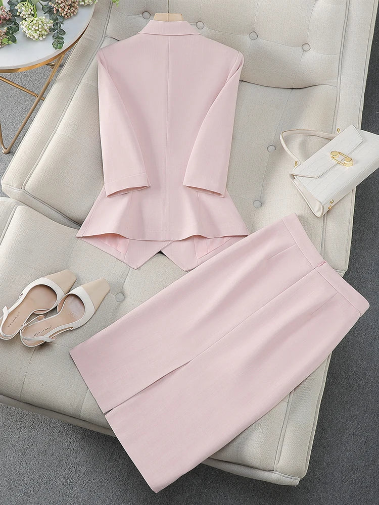 Maxy Fashion Women Formal Blazer Skirt Suit Ladies Blue Apricot Pink Female Two Piece Set For Spring Summer