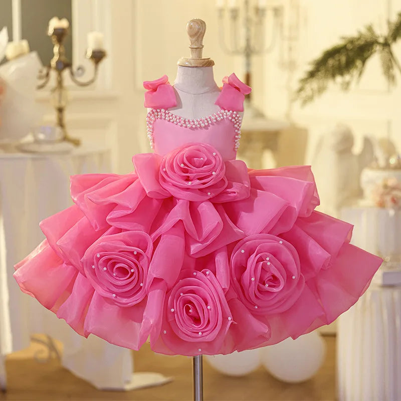 Amay luxury Girls Princess Rose evening dress Children pearl Bow tutu Wedding Gown Kids Dresses baby infant Birthday Party Dress