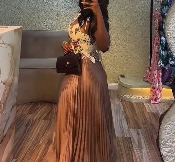 Maxy Vintage French Court Style Long Dress Set Y2K Fresh Floral Print Waist Cinched Vest Top High Waist Pleated Skirt Two-Piece Set