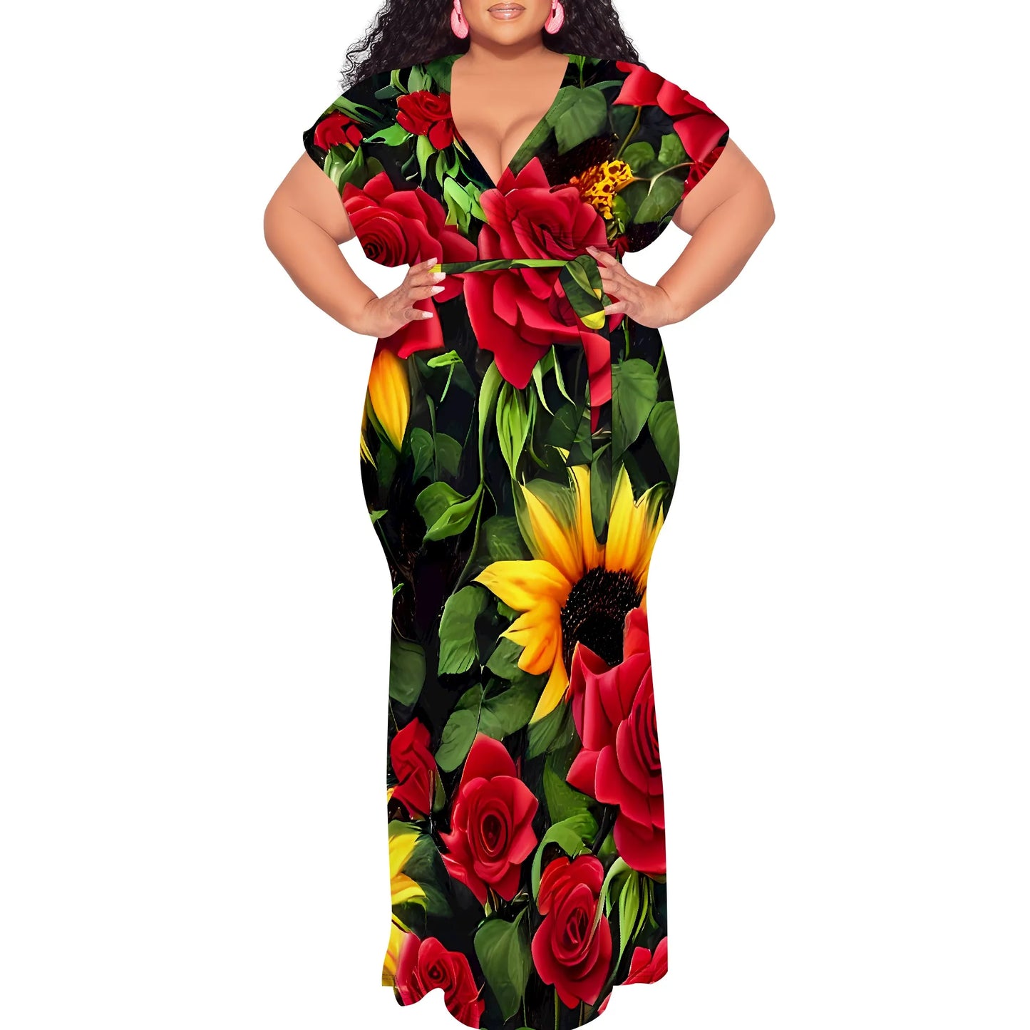 Maxy Plus Size Floral Print Dress V Neck Summer Casual Elegant Long Dress for Women