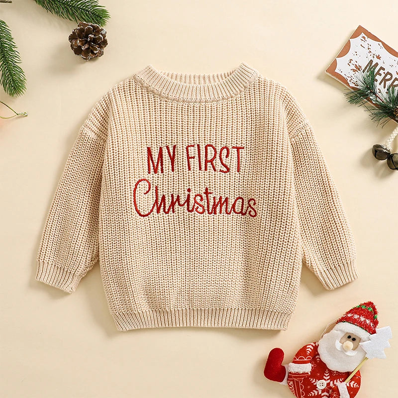 Maxy Christmas Baby Sweaters Girls Boys Knitting Clothes Fashion Winter Warm Letter Long Sleeve Kids Pullover Top Knitwear