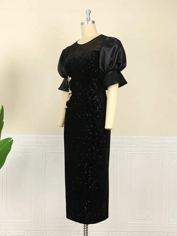 Maxy Women Long Black Dresses Velvet Glitter Sparkly Embroidered Puff Sleeve Dress Elegant Slim Party Celebrity Birthday Gowns