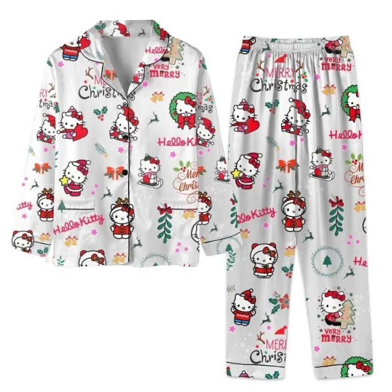 Sanrio Christmas Hello Kitty Casual Pajama Girls Y2k Home Pajamas Set Kawaii Women'S Printed Kt Cat Pants Long Sleeve Gift