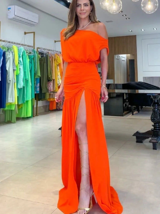 Maxy Elegant Women's Red Black Off Shoulder Party Maxy Dress Summer Sexy One-line Neck Raglan Sleeve Slit Holiday Dresses Robe