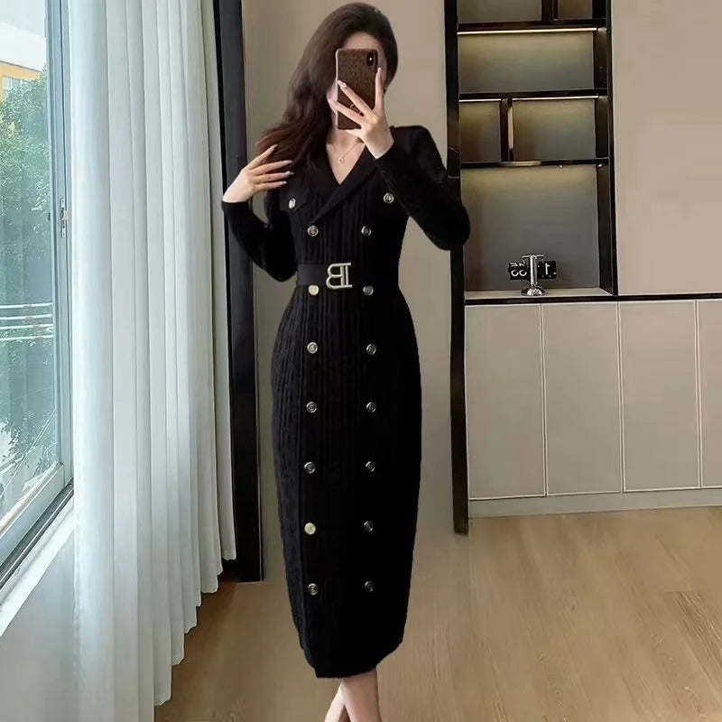 Maxy Spring New French Elegant Knitted Midi Dress Women Fashion Lapel Long Sleeve Belt Two Breasted Stretch Party Dress Female