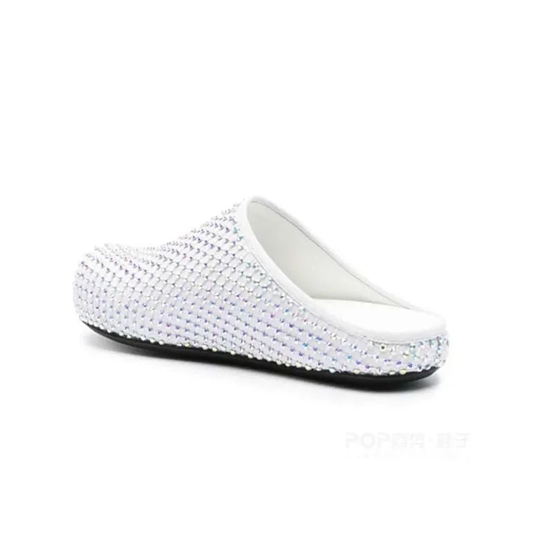 Babs Personalized Rhinestone Slippers Large Size Round Toe Black and White Flats Women Round Toe Shoes