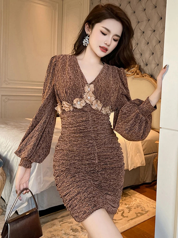 Babs New Women's French Retro Mini Dress Celebrity Bright Silk Flower Folds Wrapped Hip Pleated Bodycon Gown Femme Party Club