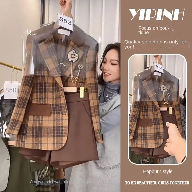 Maxy Autumn and Winte New Vintage Plaid Suit Outfit Women Hepburn Temperament Slim Shorts Two Piece Set