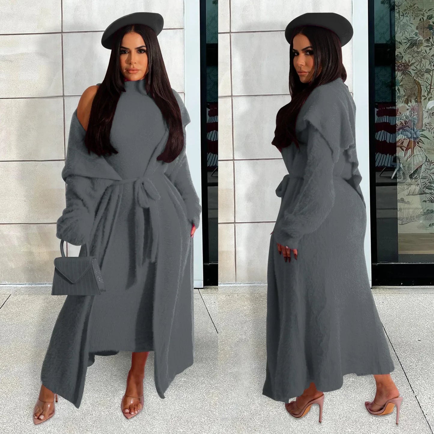 Maxy Women Dress Sets Two Piece Long Sleeve Round Neck Cardigan Solid Color Elastic Waist Casual Slim Fit Patchwork Autumn Belt