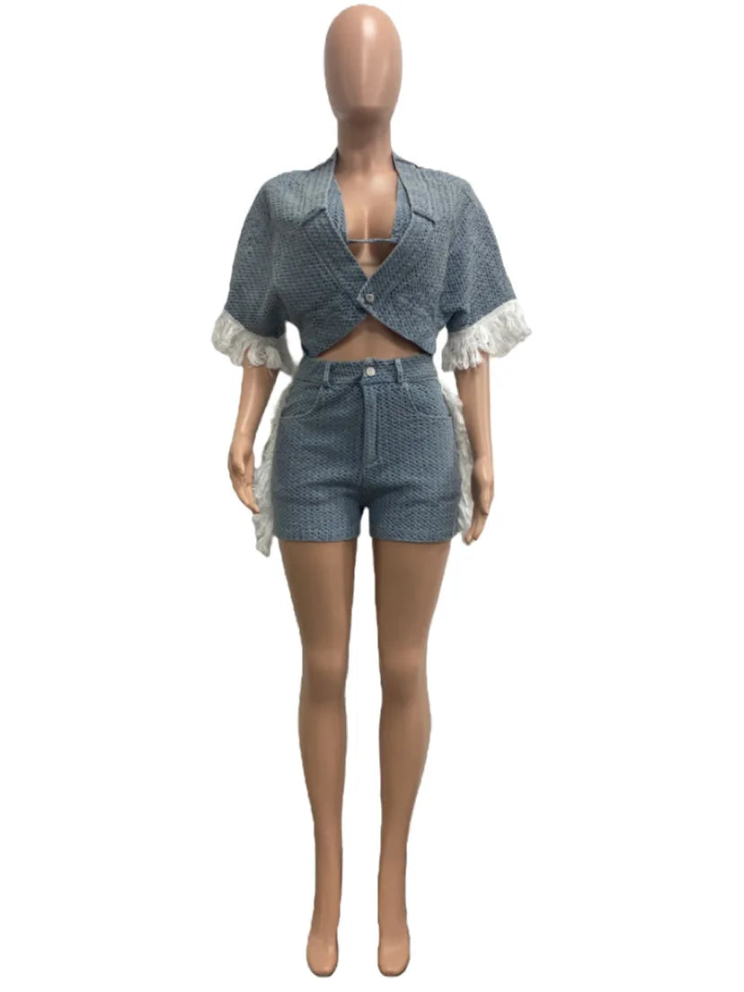 Maxy Sexy Denim Coats Jean 2 Piece Matching Pant Set Outfits Summer Women Clothes Y2K Shorts Suits Sets Cropped Jacket Tracksuit