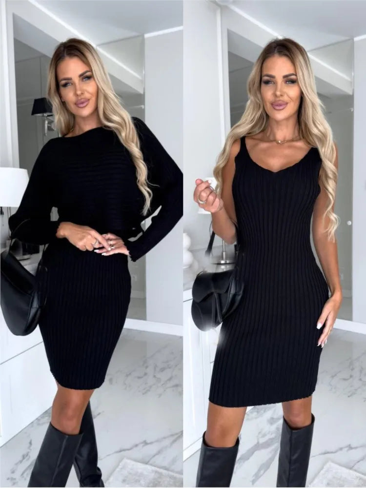 Maxy Fashion Long Sleeve Knitted Sweater And Dress Two Piece Sets For Women Autumn Winter Outfits Warm Sexy Bodycon Drsses Sets