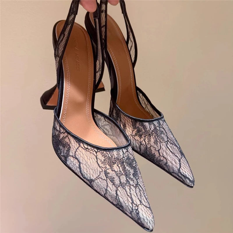 Maxy High-heeled sandals summer new pointed lace mesh wine glass heel wedding shoes banquet dress versatile simple women's shoes