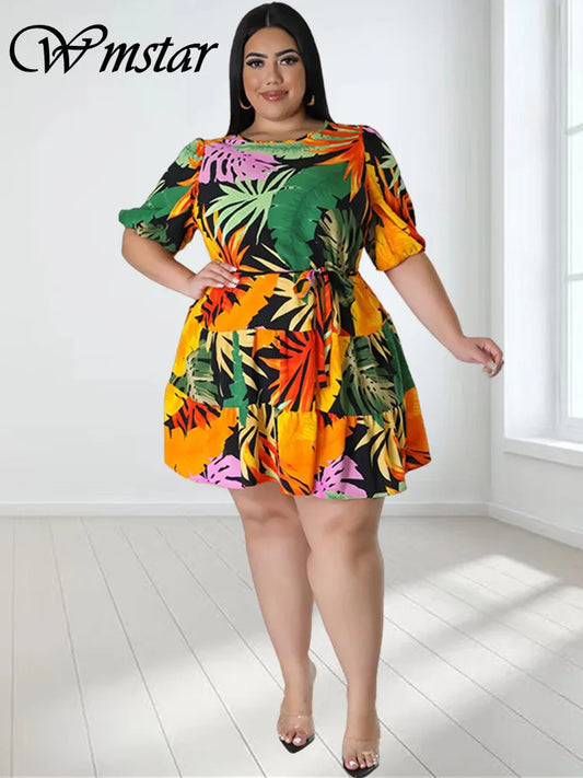 Wmstar Plus Size Dresses for Women Floral Printed Elegant Mini Dress New In Summer Clothes Wholesale Dropshipping with Bandage