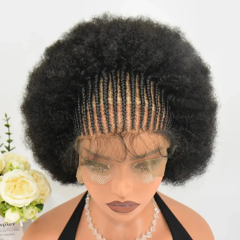 Maxy 250% Density 13x6 Lace Frontal Braided Wig Afro Kinky Curly Synthetic Wig Baby Hair Fluffy Curled Striped Braided Curly wig