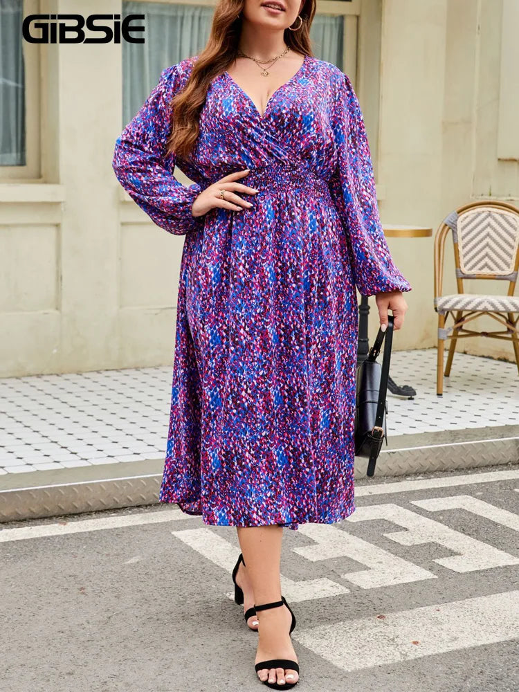 Maxy Plus Size Boho Causal Print Long Dress Wrap V Neck Full Lantern Sleeve Elegant High Waist A-Line Dresses for Women