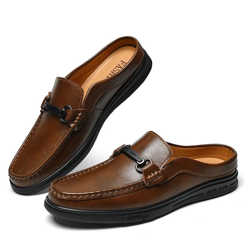 Visco Men's Leather Slip-On Loafers Half Shoes Mules Backless Moccasins Casual Driving Shoes Flats Brown Black Italian Designers