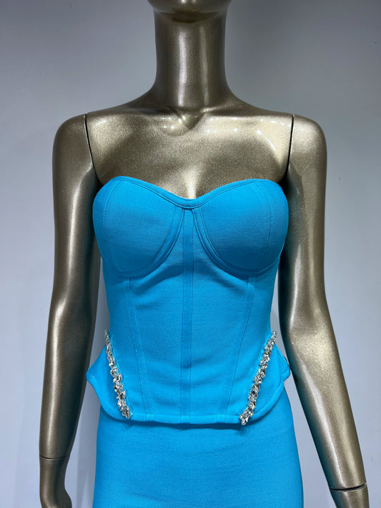 Women Summer Sexy Straples Lake Blue Beading Mermaid Midi Bandage Skirt Set 2023 Knitted Elegant Evening Club Party Dress