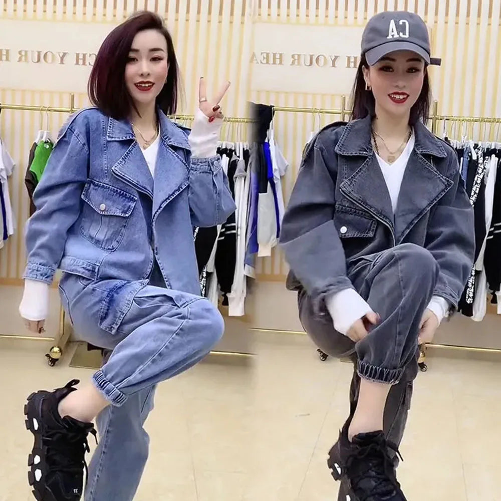 Maxy Autumn Oversize Denim Coat Jacket + High Waits Loose Jeans Women Pants Two-piece Outfits Women Denim Trouser Suit Fashion