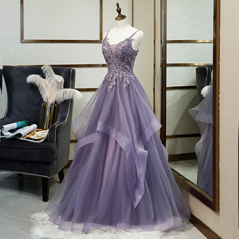 Maxy Elegant Club Banquet Purple Strap Dress Vocal Art Exam Senxi Colorful Silk Fairy Air Silk Dress Hosting Evening Dress