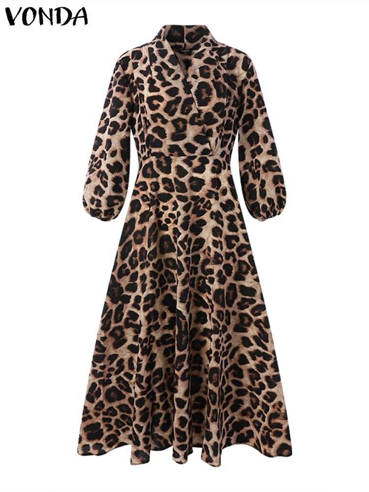 Maxy Plus Size 5XL Autumn Bohemian Dress Elegant Women Leopard Print Dress Long Lantern Sleeve Loose V Neck Casual Party