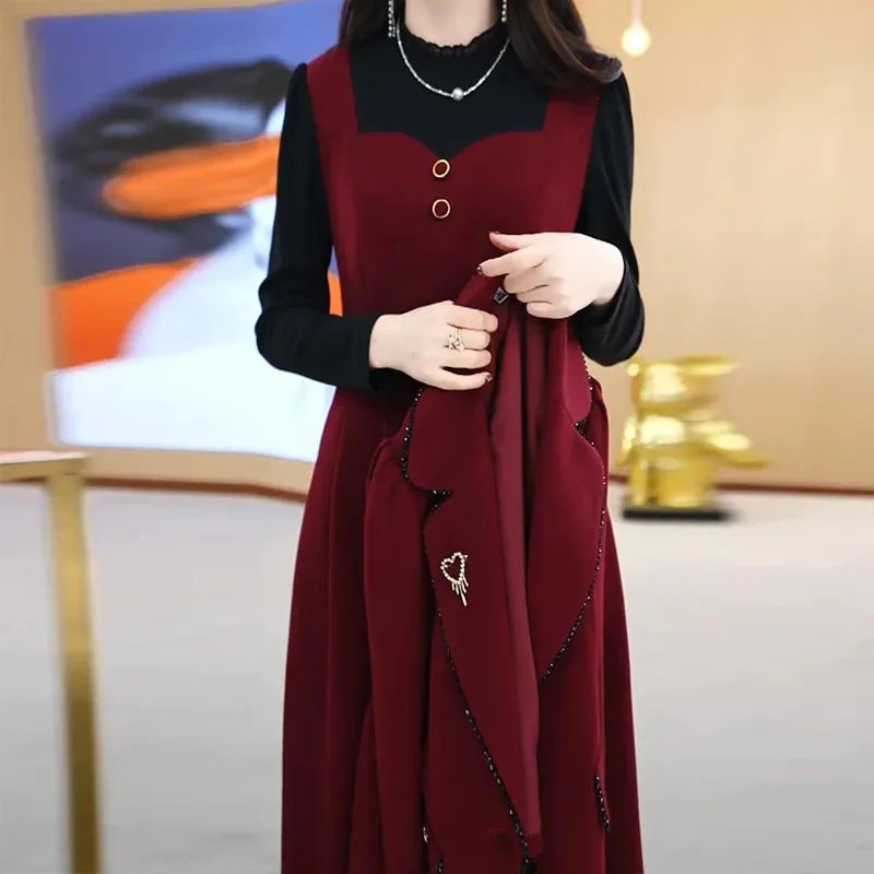 Maxy High End Suit Jacket Dress Two-piece Set Women Spring Autumn Winter New Advanced Red Blazer Coat Long Dress Female Outfit