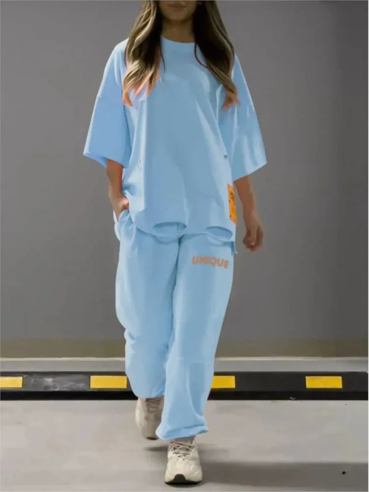 Maxy Summer New Fashion Hollowed Out O Neck T Shirt Women's 2 Piece Set Solid Color Casual Relaxed Tracksuit Pants Pocket Female Suit
