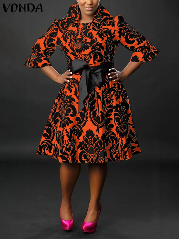 Maxy Plus Size Women Elegant Printed Dress Bohemian Stand Collar Bow Belt Casual Loose Robe Knee Length Sundress