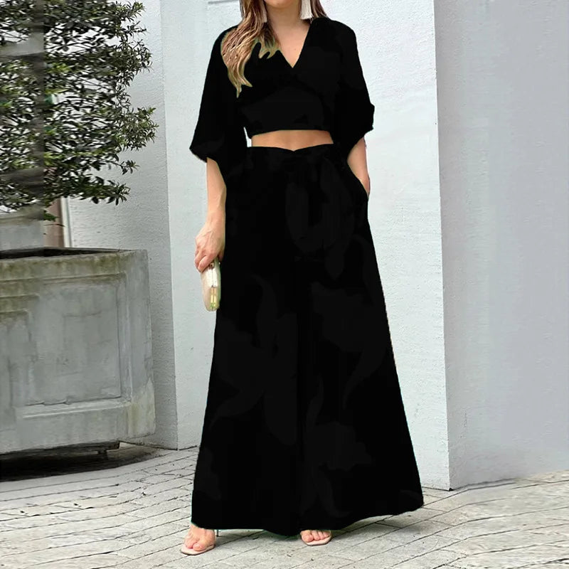 Maxy Vacation Beach Fashion Set Women's Fashion Spring V-neck Lantern Sleeve Top T-shirt Loose Sexy Lace Up Loose Pants Two Piece Set