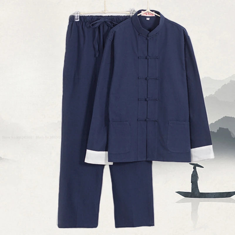 Maxy Traditional Chinese Style Men Cotton Linen Tops Pants Hanfa Tang Suit Kung Fu Tai Chi Uniform Oriental Fashion Clothing Sets