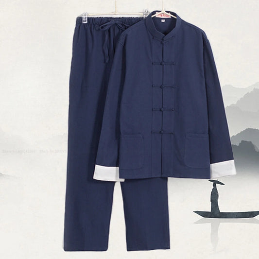 Maxy Traditional Chinese Style Men Cotton Linen Tops Pants Hanfa Tang Suit Kung Fu Tai Chi Uniform Oriental Fashion Clothing Sets