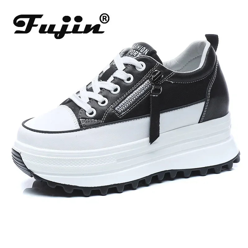 Amay Fujin 7cm Genuine Leather Women Platform Shoes Wedge Sneakers Lace Up