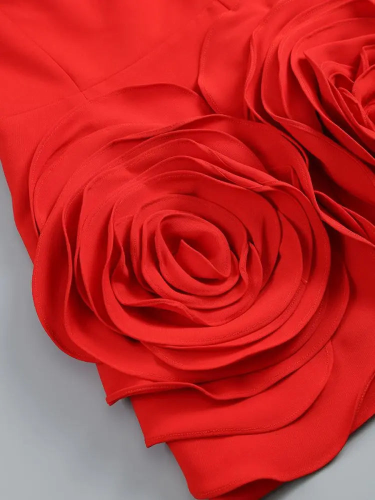 Maxy Sexy Strapless 3d Big Flower Evening Dress Red Birthday Dresses for Women Elegant Prom Gown Summer Fashion Party Outfits