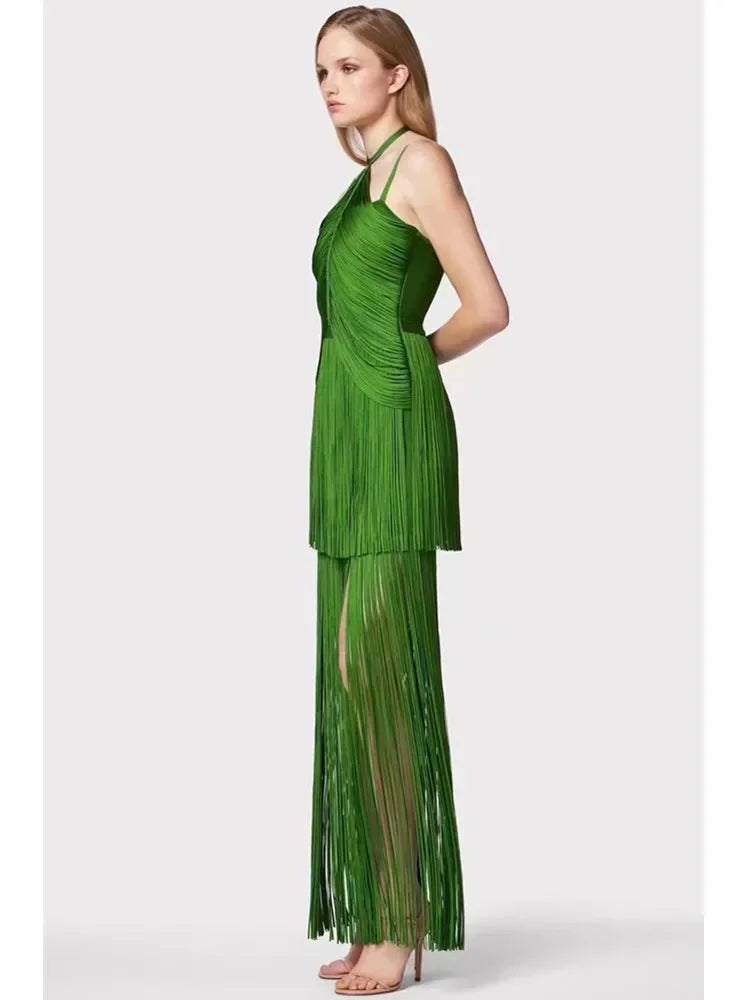 Babs Summer New Green Halter Spaghetti Strap Fringed Bandage Dress High Street Celebrity Evening Party Gowns Guest Looking