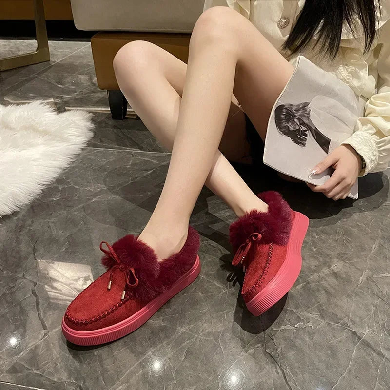 Maxy Winter Women's Cotton Flat Shoes Moccasins Femme Warm Plush Loafers Comfy Fur Flats Woman Large Size 35-43 Platform Furry Boots