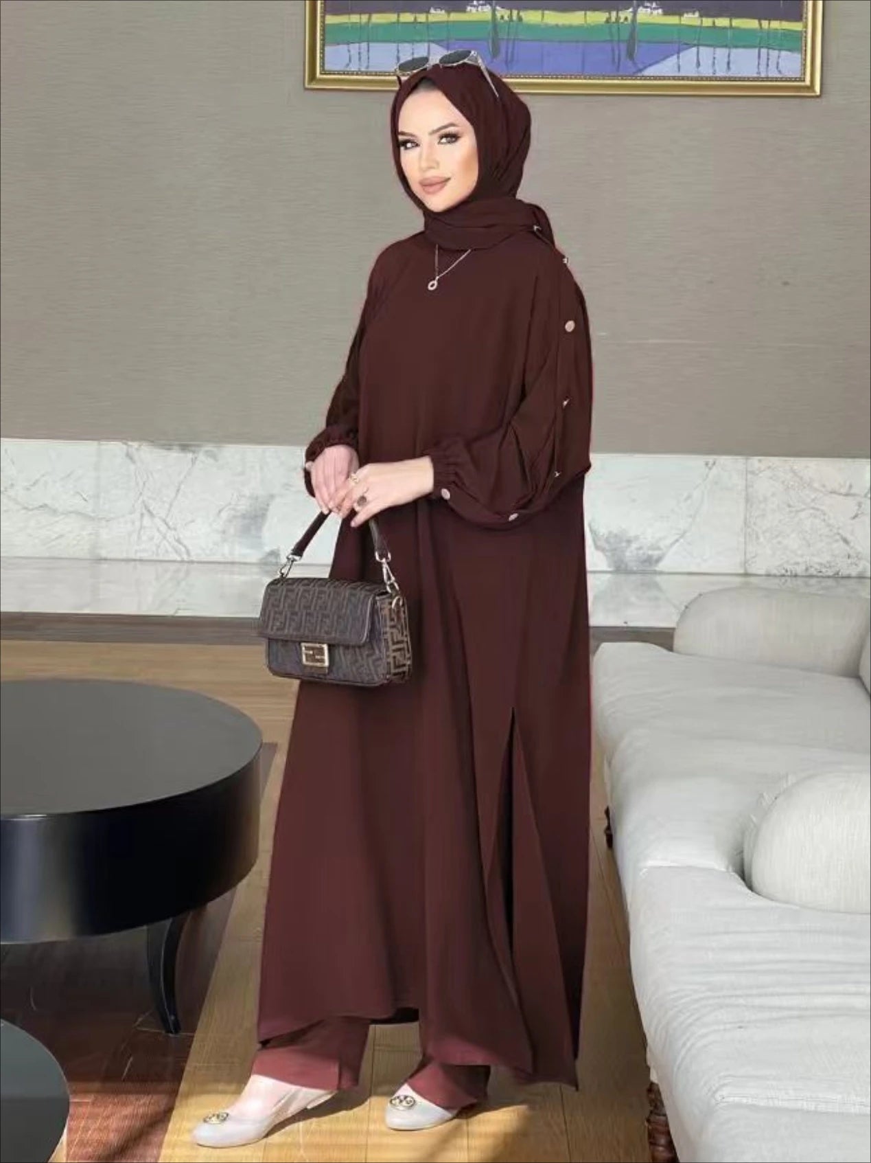 Maxy Muslim Dress for Women Blouse 2 Piece Set Long Sleeve Abaya Shirt Wide Leg Pant Suits Arabic Dubai Dresses Musulman Ensembles
