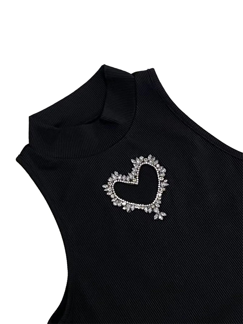 Amay Diamond Love Hollow Out Knit Ribbed 2 Piece Set Women Clothing Sleeveless Crop Top + Mini Skirt Night Club Outfits Matching Sets