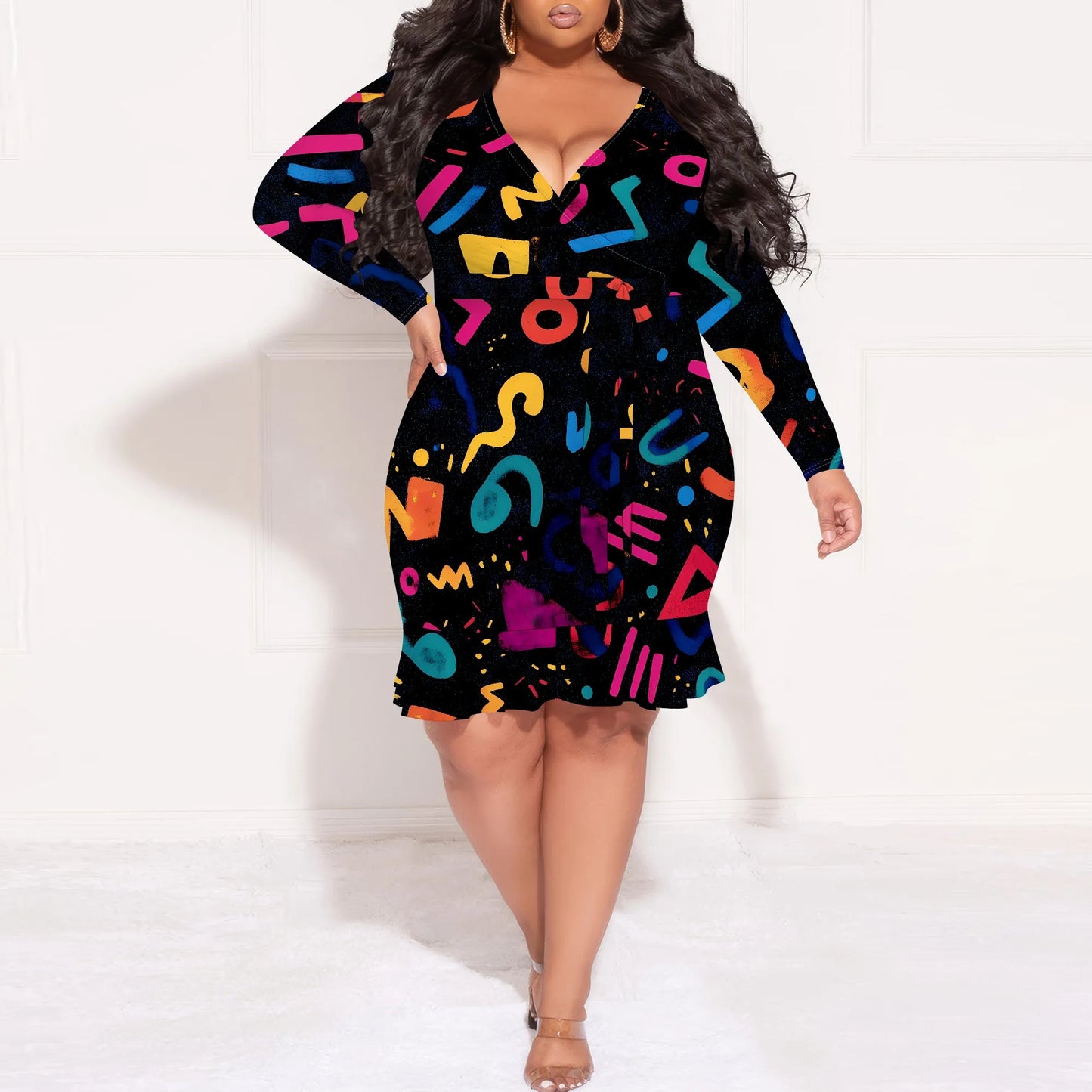 Maxy Hot selling European and American black plus size dress personalized graffiti pleated long-sleeved waist tight skirt