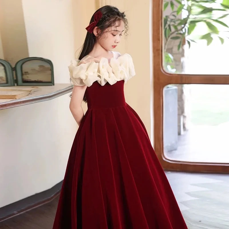 Wedding Flower Kid Elegant Costumes Christmas Party Children Formal Burgundy Long Dresses Teen Girls Birthday Gala Fashion Dress