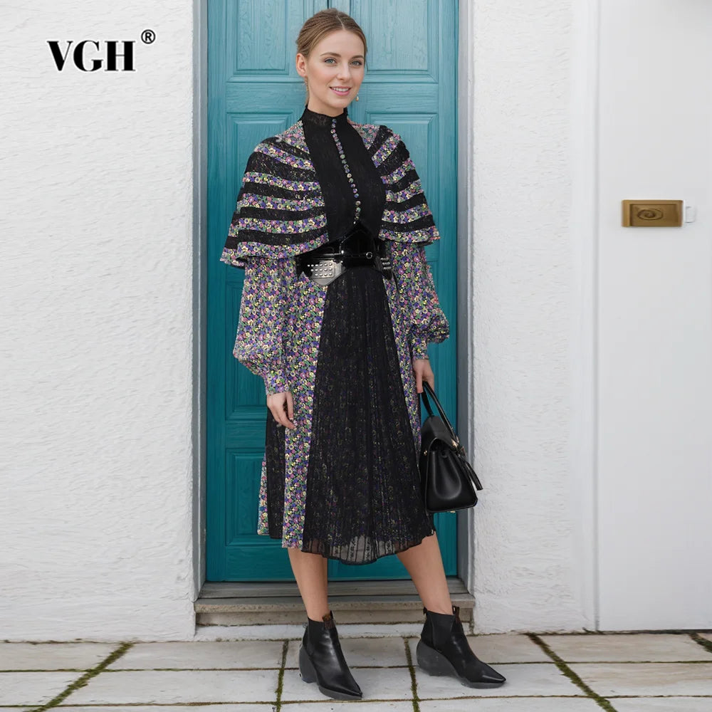 Maxy Hit Color Printing Hollow Out Dresses For Women Stand Collar Long Sleeve High Waist Spliced Button Temperament Dress Female