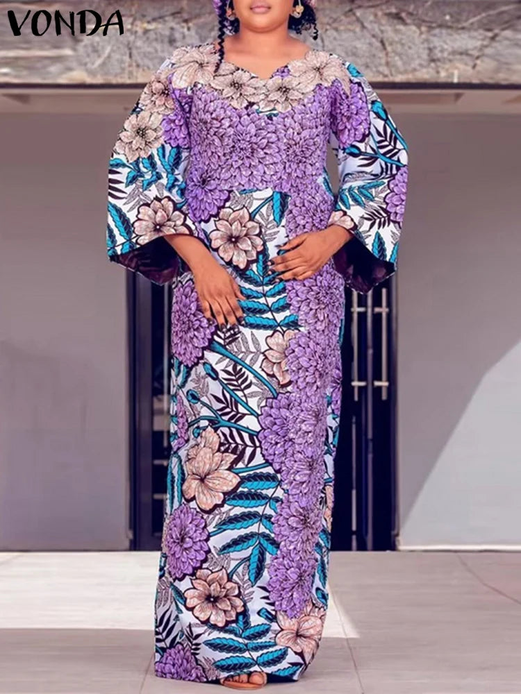 Maxy Plus Size 5XL VONDA Bohemian Maxy Dress Women Elegant Floral Print Sundress Long Sleeve Casual Vestidos Holiday Casual Robe