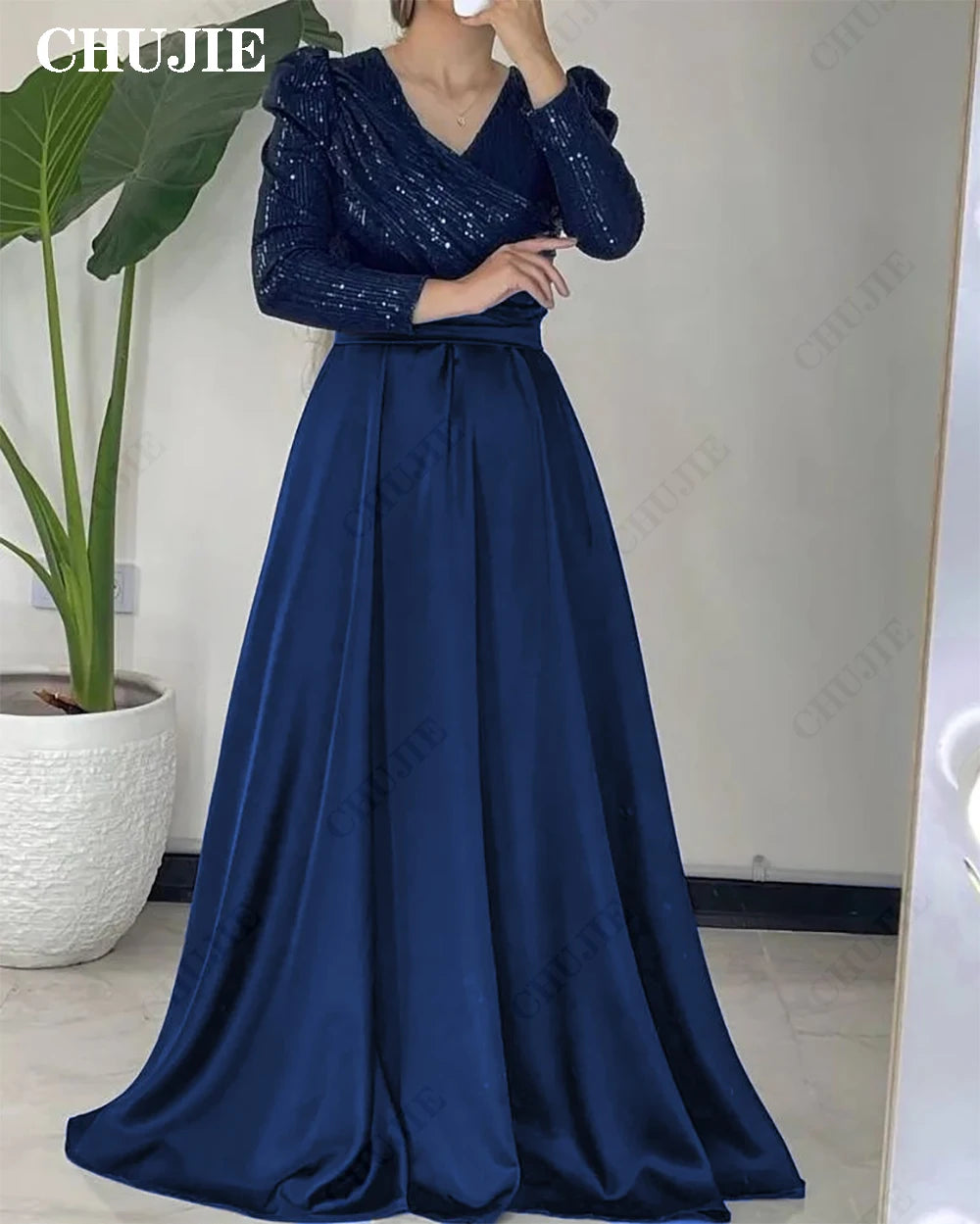 Maxy Customized Pleated Prom Dress Elegant Long Sleeve V-neck Glitter Navy Women Evening Dress A-line Formal Prom Party Gown Vestdos