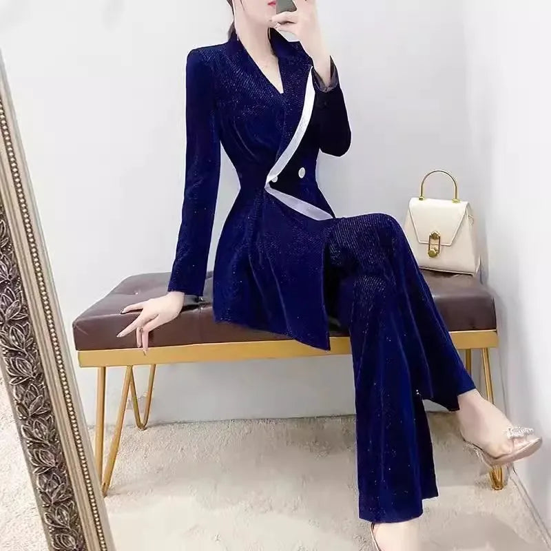 Maxy Blue Golden Velvet Suit Set Women 2024 New Spring Autumn Season High End Temperament Casual Small Blazer Foreigner Pants Career