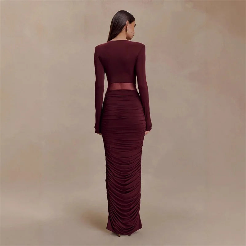 Maxy Burgundy Black Women Prom Dress V Neck Full Sleeve Sexy Elegant Ruffles Long Wedding Party Gown Formal Evening Birthday Robe
